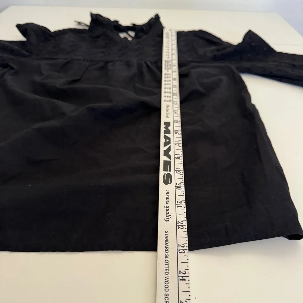 Madewell‎ Top Black Eyelet Ruffle Neck Long Sleeve Peasant Boho Full Coverage XS